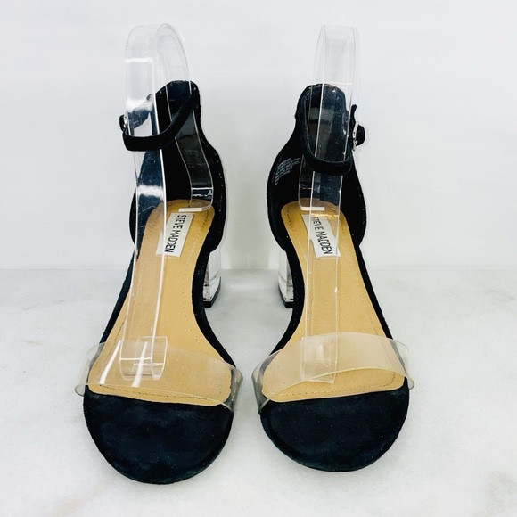 Steve Madden Black Vinyl Block Heel Sandals - Picture 2 of 9